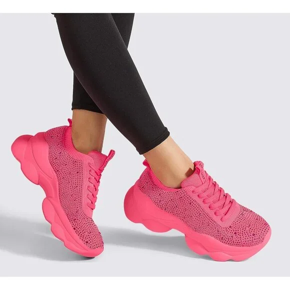 Lucky Step Women's Pink Rhinestone Sneaker Chunky Sparkly Bling Mesh Slip on - Picture 2 of 9